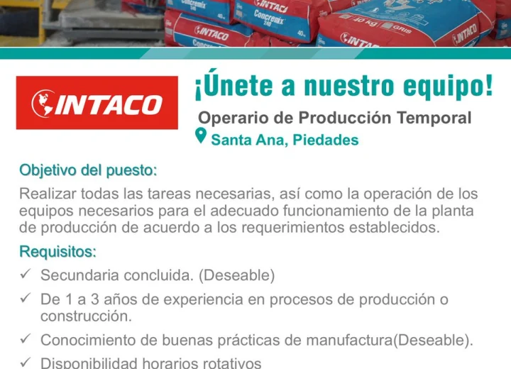 ¿Empleo de Producción / Operarios / Manufactura en Santa Ana?